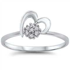 Sterling Silver Heart Flower Shaped Clear CZ RingAnd Face Height 8mm