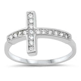 Rhodium Plated Sterling Silver Pave Set Clear CZ Sideways Cross Ring with Ring Face Height of 18MM