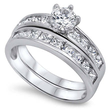 Load image into Gallery viewer, Sterling Silver Clear Round Solitaire Simulated Diamond Bridal Set with Classy Simulated Diamond on Channel Setting Side Views &amp; Rhodium Finish