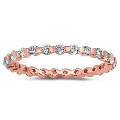 Sterling Silver Rose Gold Plated Round Wedding Band Shaped Clear CZ RingAnd Band Width 2mm