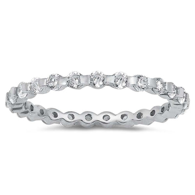Sterling Silver Round Wedding Band Shaped Clear CZ Ring, Band Width 2mm