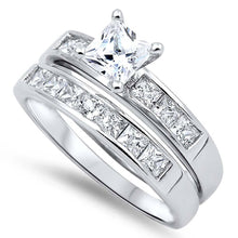 Load image into Gallery viewer, Sterling Silver Clear Princess Cut Solitaire Simulated Diamond with Classy Princess Cut Simulated Diamond on Channel Setting Side Views Bridal Set with Rhodium Finish