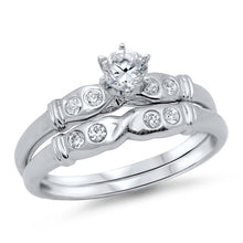 Load image into Gallery viewer, Sterling Silver Clear Round Solitaire Simulated Diamond on 6 Prong Setting Fancy Bridal Set Band Inlaid with Round Simulated DiamondAnd Face Height of 6MM