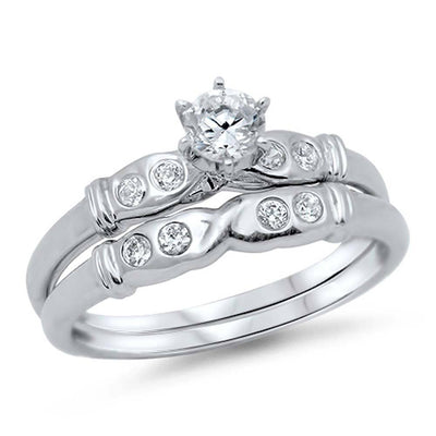 Sterling Silver Clear Round Solitaire CZ on 6 Prong Setting Fancy Bridal Set Band Inlaid with Round CZ, Face Height of 6MM
