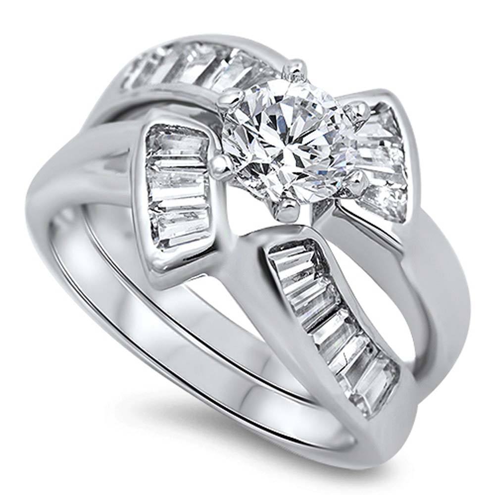 Sterling Silver Fancy Bridal Set Band with Straight Baguette Simulated Diamond Inlaid and Centered Clear Round Solitaire Simulated Diamond on 6 Prong SettingAnd Face Height of 13MM