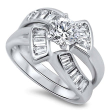 Load image into Gallery viewer, Sterling Silver Fancy Bridal Set Band with Straight Baguette Simulated Diamond Inlaid and Centered Clear Round Solitaire Simulated Diamond on 6 Prong SettingAnd Face Height of 13MM