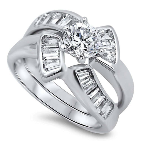 Sterling Silver Fancy Bridal Set Band with Straight Baguette Simulated Diamond Inlaid and Centered Clear Round Solitaire Simulated Diamond on 6 Prong SettingAnd Face Height of 13MM