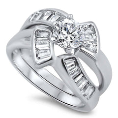 Sterling Silver Fancy Bridal Set Band with Straight Baguette CZ Inlaid and Centered Clear Round Solitaire Simulated Diamond on 6 Prong SettingAnd Face Height of 13MM