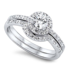 Load image into Gallery viewer, Sterling Silver Clear Round Simulated DiamondAnd Classy Halo Pave Setting Bridal Set with Rhodium Finish