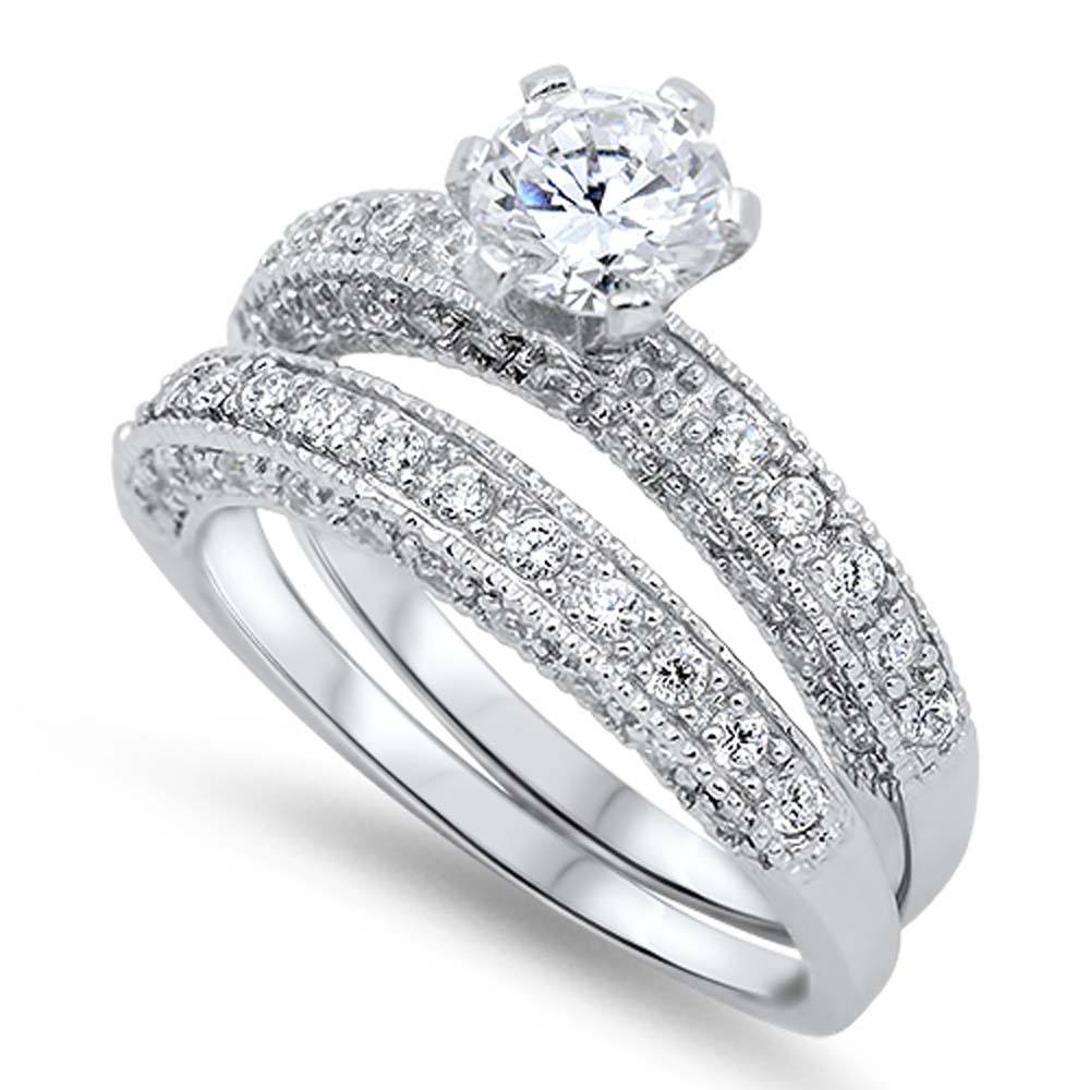 Sterling Silver Elegant Bridal Set Band with Micro Pave Simulated Diamond and Centered Clear Solitaire Round Simulated Diamond on 6 Prong SettingAnd Face Height of 7MM