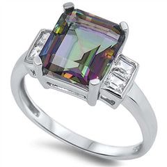 Sterling Silver Princess Cut Rainbow Topaz CZ On Prong Setting with Fancy Side ViewsAnd Face Height 11MM