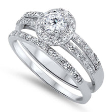 Load image into Gallery viewer, Sterling Silver Clear Round Solitaire Diamond with Halo Pave Setting Classy Bridal Set Band Inlaid with Simulated DiamondAnd Face Height of 9MM