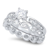 Sterling Silver Fancy Band Bridal Set with Round Simulated Diamond Inlaid Bezel Set and Channel Setting with Centered Clear Round Solitaire Simulated DiamondAnd Face Height of 7MM