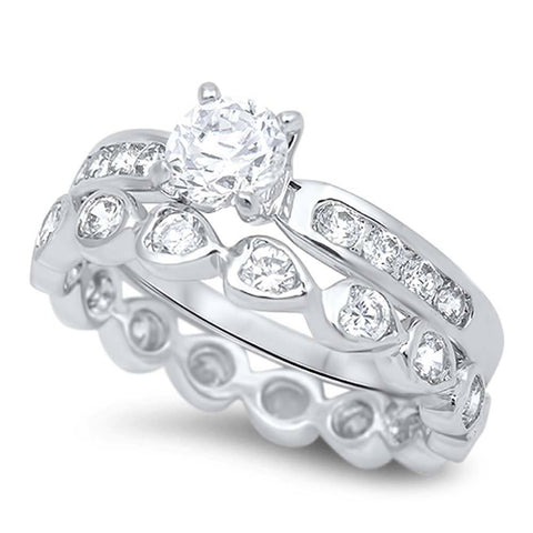 Sterling Silver Fancy Band Bridal Set with Round Simulated Diamond Inlaid Bezel Set and Channel Setting with Centered Clear Round Solitaire Simulated DiamondAnd Face Height of 7MM