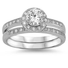 Load image into Gallery viewer, Sterling Silver Clear Round Simulated DiamondAnd Classy Halo Style Channel Setting Bridal Set with Rhodium Finish