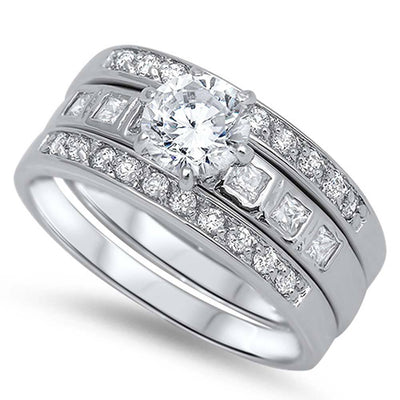 Sterling Silver Bridal Set Band with Princess Cut and Round CZ Inlaid and Centered Clear Round Solitaire CZ on 6 Prong Setting, Face Height of 9MM