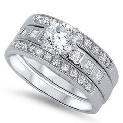Sterling Silver Bridal Set Band with Princess Cut and Round CZ Inlaid and Centered Clear Round Solitaire CZ on 6 Prong Setting, Face Height of 9MM
