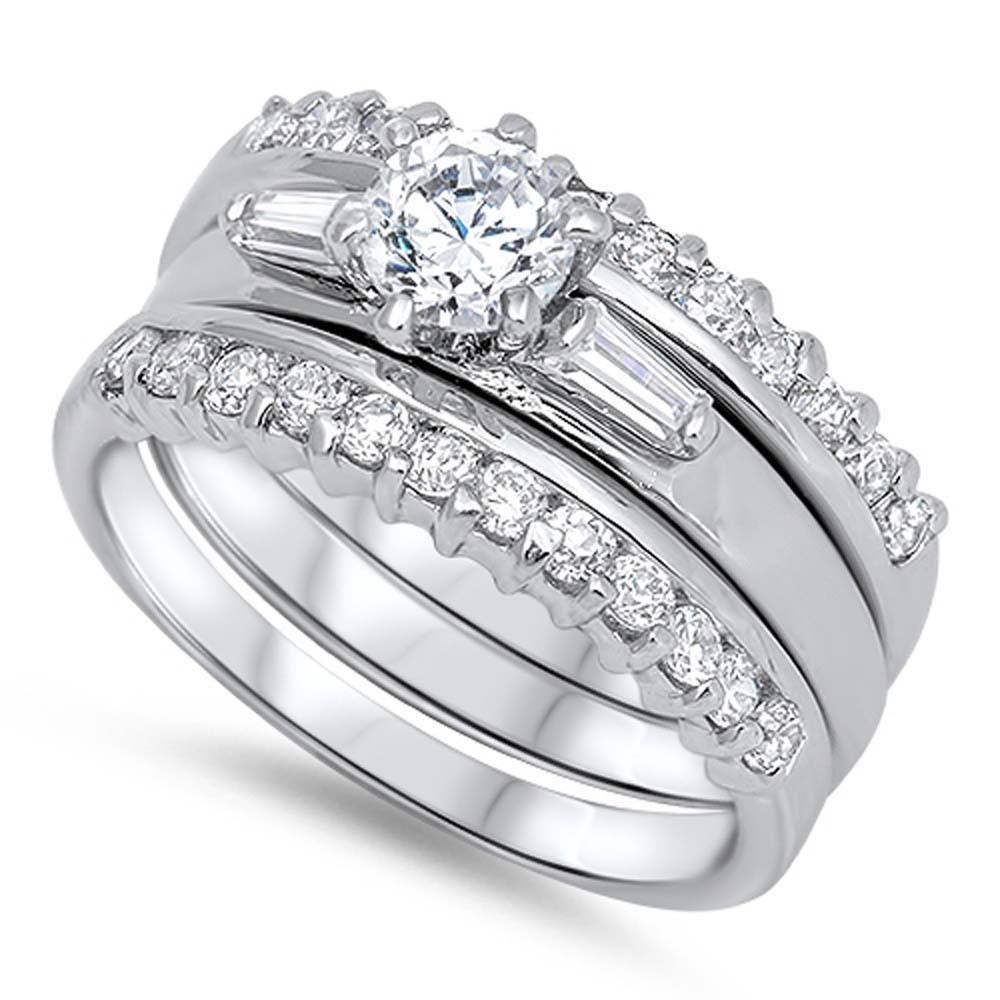 Sterling Silver Clear Round Solitaire CZ on 6 Prong Setting with Tapered Baguette on Both Side Bridal Set Band Inlaid with Pave CZ, Face Height of 10MM