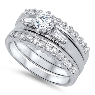 Sterling Silver Clear Round Solitaire CZ on 6 Prong Setting with Tapered Baguette on Both Side Bridal Set Band Inlaid with Pave CZ, Face Height of 10MM