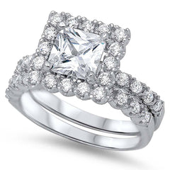 Sterling Silver Clear Princess Cut Solitaire CZ with Halo Pave Setting Bridal Set Band Inlaid with Pave CZ, Face Height of 12MM
