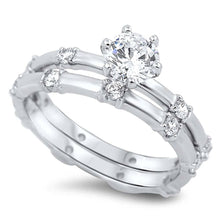 Load image into Gallery viewer, Sterling Silver Round Cut Solitaire Simulated Diamond Bridal Set with Multi Round Cut Simulated Diamonds on Half-Bezel Setting with Rhodium Finish