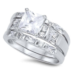 Sterling Silver Bridal Set Band Inlaid with Straight Baguette and Round CZ with Centered Clear Princess Cut Solitaire CZ, Face Height of 8MM