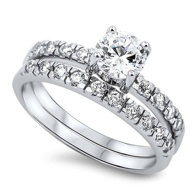 Sterling Silver Clear Round Prong CZ and Solitaire Pave Style Bridal Set with Rhodium Finish