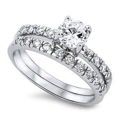 Sterling Silver Clear Round Prong CZ and Solitaire Pave Style Bridal Set with Rhodium Finish