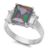 Load image into Gallery viewer, Sterling Silver Elegant 3 Stone Ring with Centered Princess Cut Rainbow Topaz CZ On Prong SettingAnd Face Height 11MM