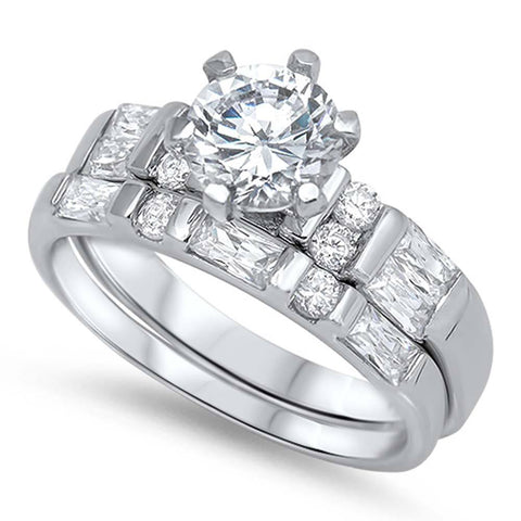 Sterling Silver Round Cut Solitaire Simulated Diamond Bridal Set with Multi Straight Baguette & Round Cut Simulated Diamonds on Bezel Setting with Rhodium Finish