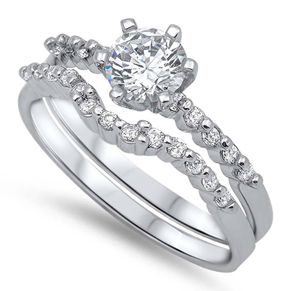Sterling Silver Bridal Set Band with Pave CZ and Centered Clear Round Solitaire CZ on 6 Prong Setting, Face Height of 6MM