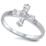 Rhodium Plated Round and Trapezoid Shape Clear CZ Fancy Cross Ring with Ring Face Height of 15MM