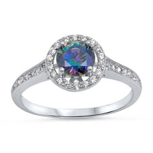 Load image into Gallery viewer, Sterling Silver Solitaire Halo Ring with Centered Round Cut Rainbow Topaz Simulated DiamondAnd Face Height 10MM