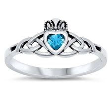 Load image into Gallery viewer, Sterling Silver Blue Topaz Claddagh Shaped CZ Ring And Face Height 8mm