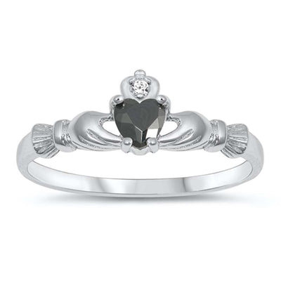 Sterling Silver Rhodium Plated Prong-Set Heart Black Cz Baby Ring with Ring Face Height of 7MM