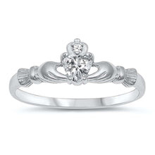 Load image into Gallery viewer, Sterling Silver Rhodium Plated Prong-Set Heart Clear Cz Claddagh Ring with Ring Face Height of 7MM