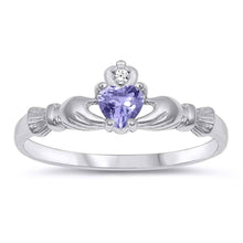 Load image into Gallery viewer, Sterling Silver Lavender Heart CZ Claddagh Ring, Face Height of 7 mm