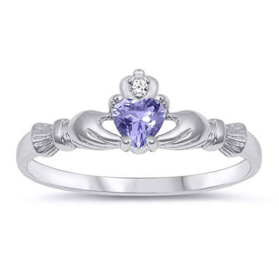 Sterling Silver Lavender Heart CZ Claddagh Ring, Face Height of 7 mm