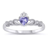 Sterling Silver Lavender Heart CZ Claddagh Ring, Face Height of 7 mm