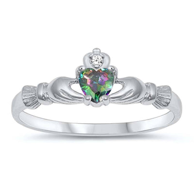 Sterling Silver Claddagh Crown Heart Ring with Centered Rainbow Heart CZ & Small Clear CZ on Crown, Face Height of 7mm