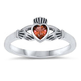 Sterling Silver Rhodium Plated Heart Garnet Cz Claddagh Ring with Ring Face Height of 7MM