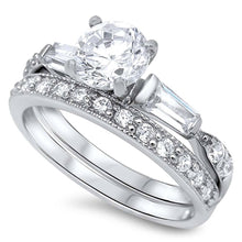 Load image into Gallery viewer, Sterling Silver Round Cut Solitaire Simulated Diamond Bridal Set with Two Tapered Baguette Cut Simulated Diamonds on Bezel Setting &amp; Pave Side Views with Rhodium Finish