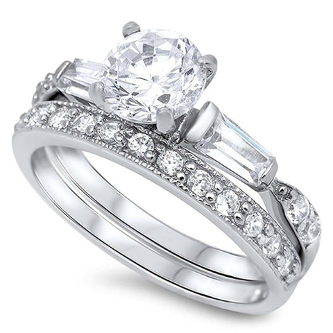 Sterling Silver Round Cut Solitaire Simulated Diamond Bridal Set with Two Tapered Baguette Cut Simulated Diamonds on Bezel Setting & Pave Side Views with Rhodium Finish