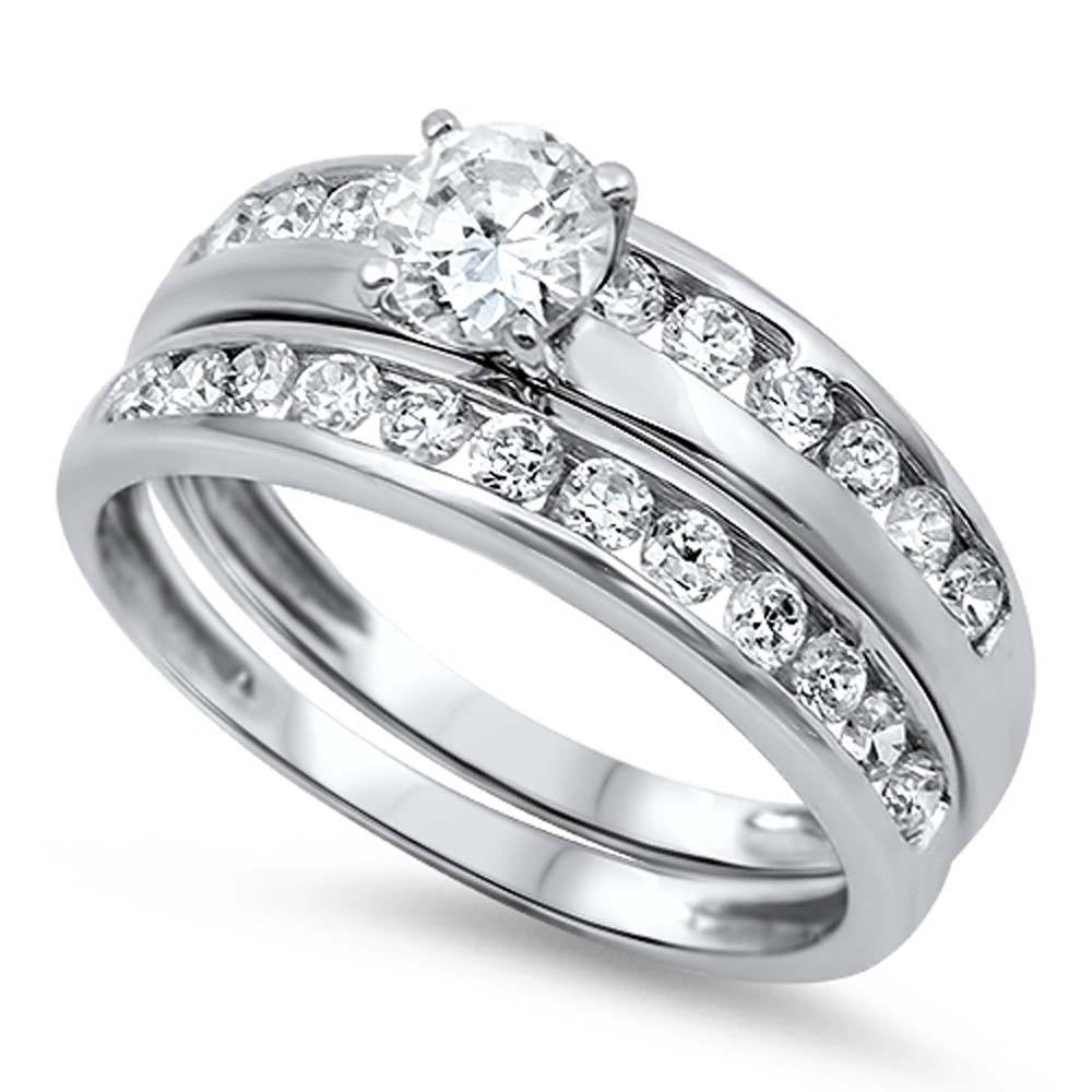 Sterling Silver Rhodium Plated Double Lines Round Shaped Clear CZ RingAnd Face Height 8mm