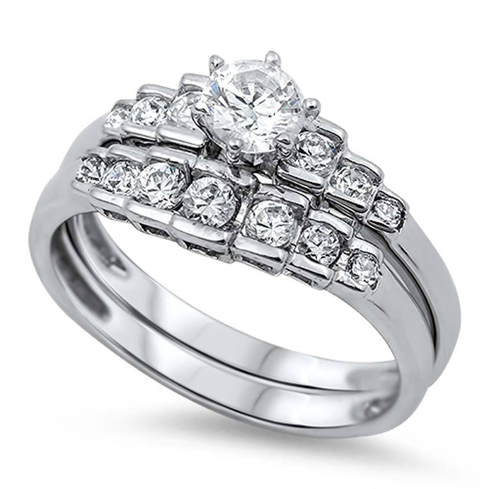 Sterling Silver Bridal Set Band with Round CZ on Channel Setting and Centered Clear Round Solitaire CZ on 6 Prong, Face Height of 10MM