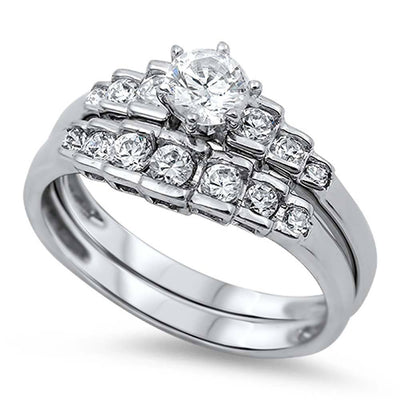 Sterling Silver Bridal Set Band with Round CZ on Channel Setting and Centered Clear Round Solitaire CZ on 6 Prong, Face Height of 10MM