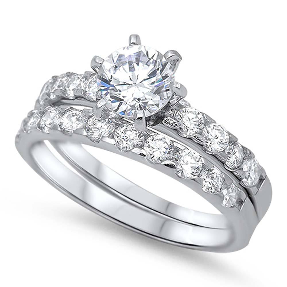Sterling Silver Bridal Set Band Inlaid with Pave CZ and Centered Clear Round Solitaire CZ on 6 Prong Setting, Face Height of 9MM