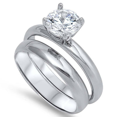 Sterling Silver Clear Round Solitaire CZ on 4 Prong Setting Bridal Set, Face Height of 7MM
