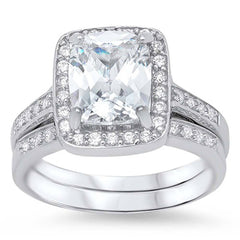 Sterling Silver Clear Emerald Cut Cz with Halo Pave Setting, Band Width of 5MM and Center Stone Size of 10MM