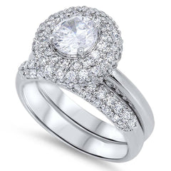 Sterling Silver Clear Round Solitaire CZ with Halo Micro Pave CZ Inlaid Elegant Bridal Set, Band Width of 7MM and Center Stone Size of 7MM